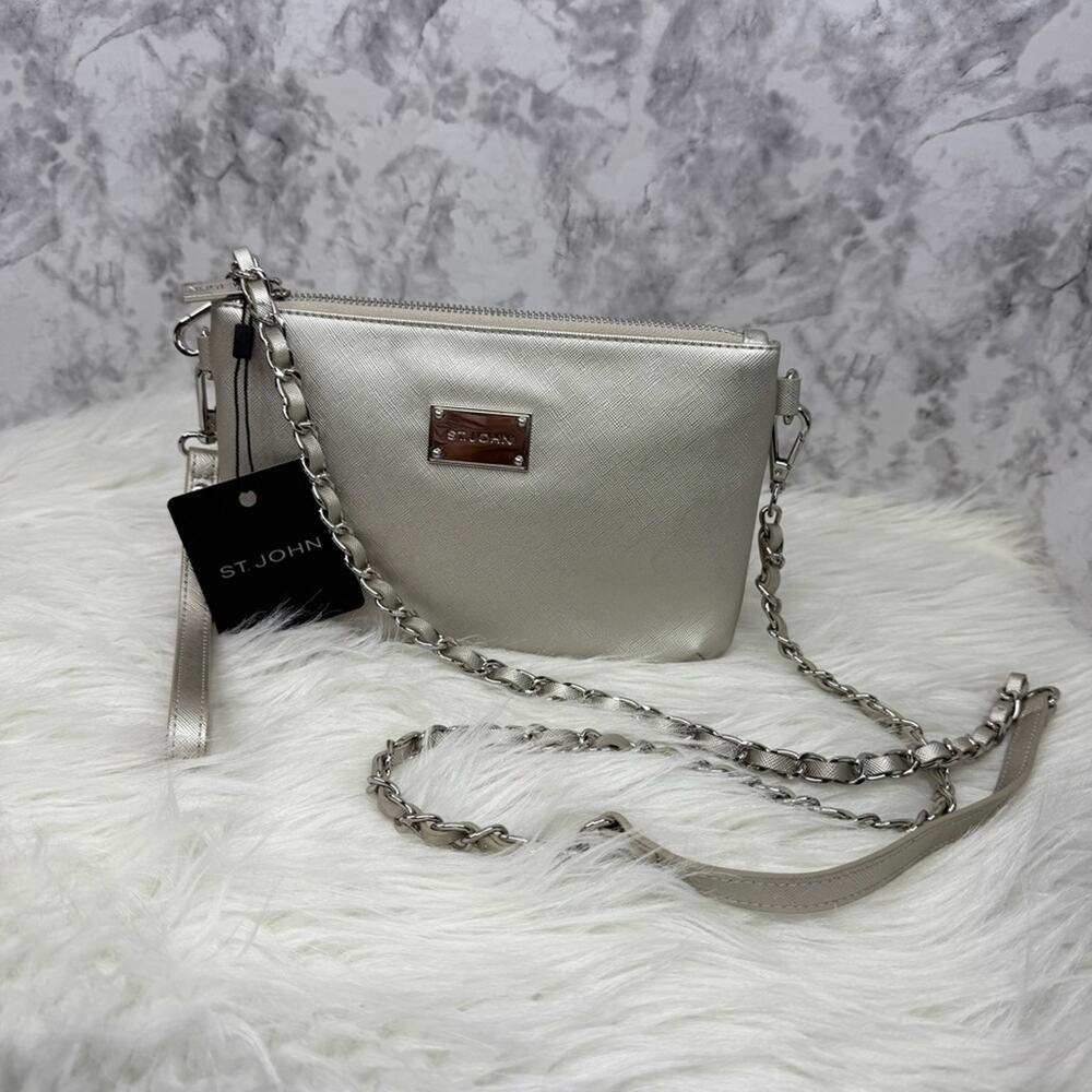 NWT ST.JOHN Crossbody Clutch Multi-use Silver Leather Elegant Holiday Party Bag